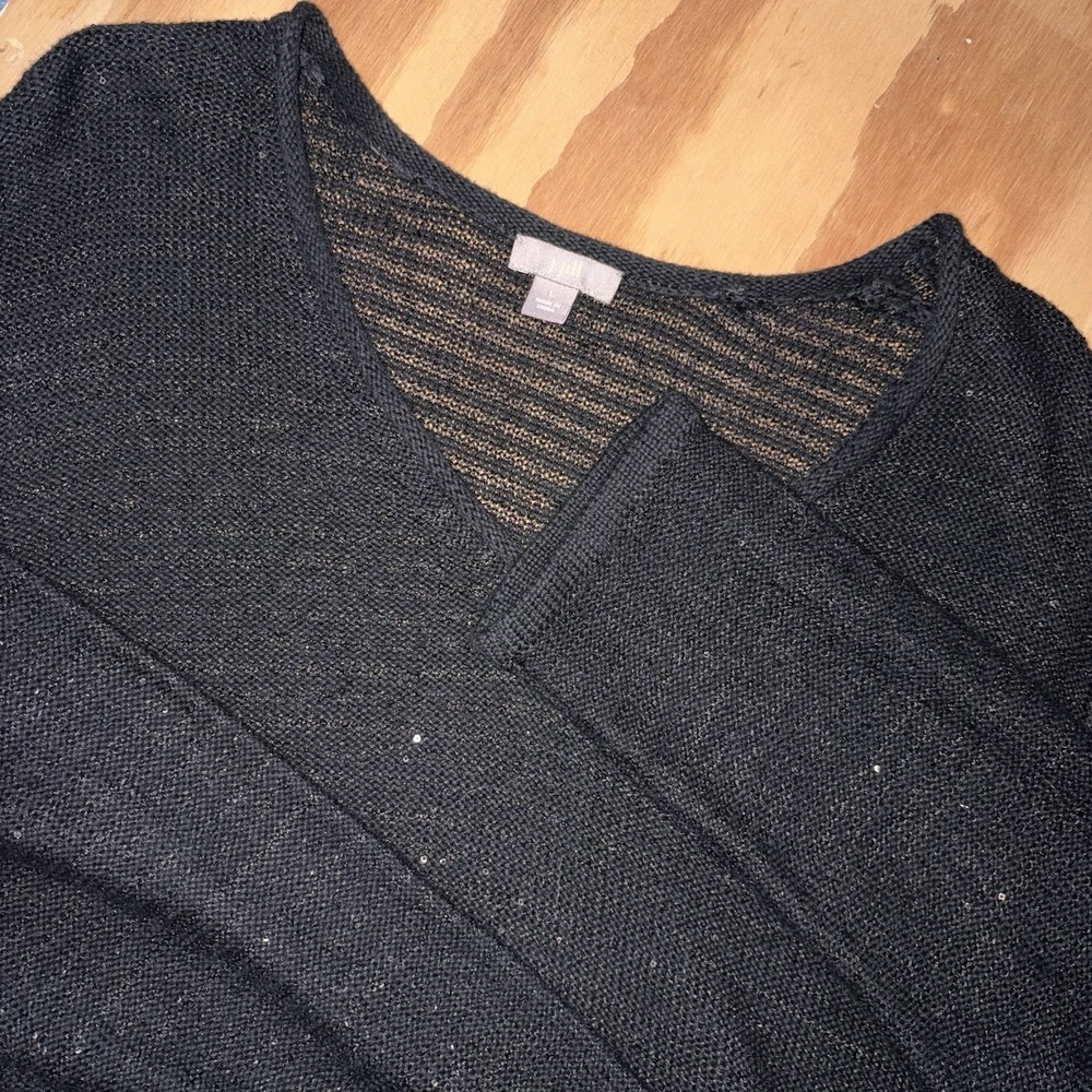 J. Jill Shimmery Black Oversized Sweater V-Neck Tunic Large Side Splits glitter
